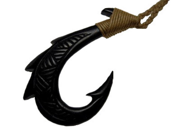 Black Dyed Buffalo Bone Hand Carved Maui Fish Hook Makau Knotted W