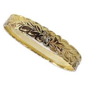 18K Gold Filled Copper Bangle Hawaiian Style Tropical Flower Plumeria Scroll Design Scalloped Edges Bracelet (Width: 8mm-12mm) Size 7.5&quot;-9&quot;