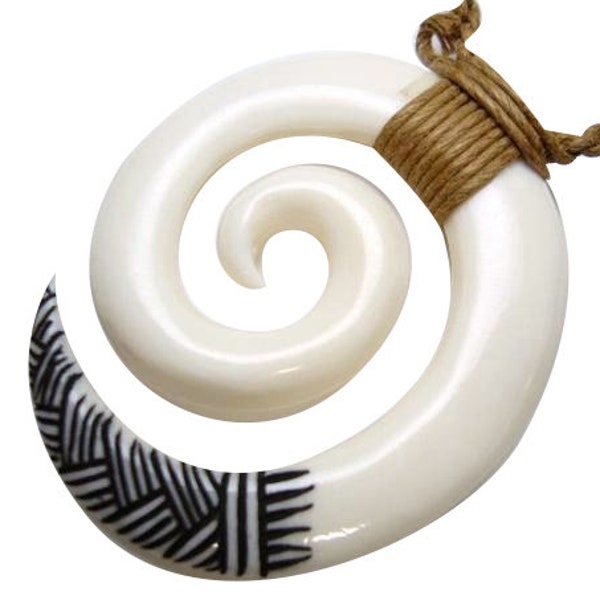 Hand Carved Inked Pattern Buffalo Bone Spiral Shape Koru Fern Pendant Adjustable Hemp Cord Rope Maori New Zealand Hawaii Necklace Choker