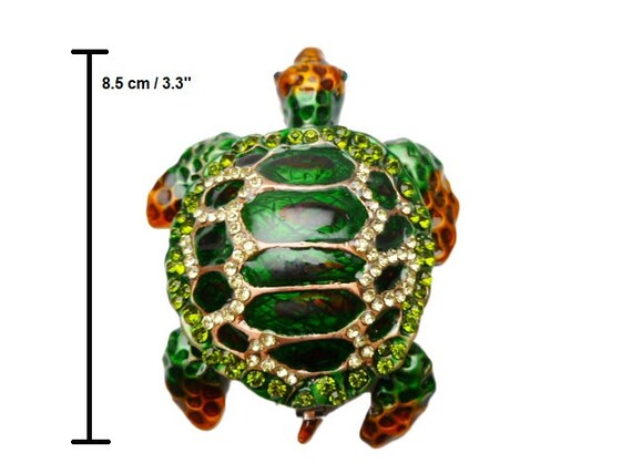 Sea Turtle Figurine Trinket Box Green Stone Embedded Crystal