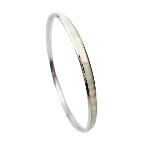 Curved Top Stainless Steel Comfort Fit Hawaii White Abalone Paua Shell Inlay Hawaiian Bangle Bracelet (Width: 4mm, 6mm, 8mm, 10mm, 12mm)