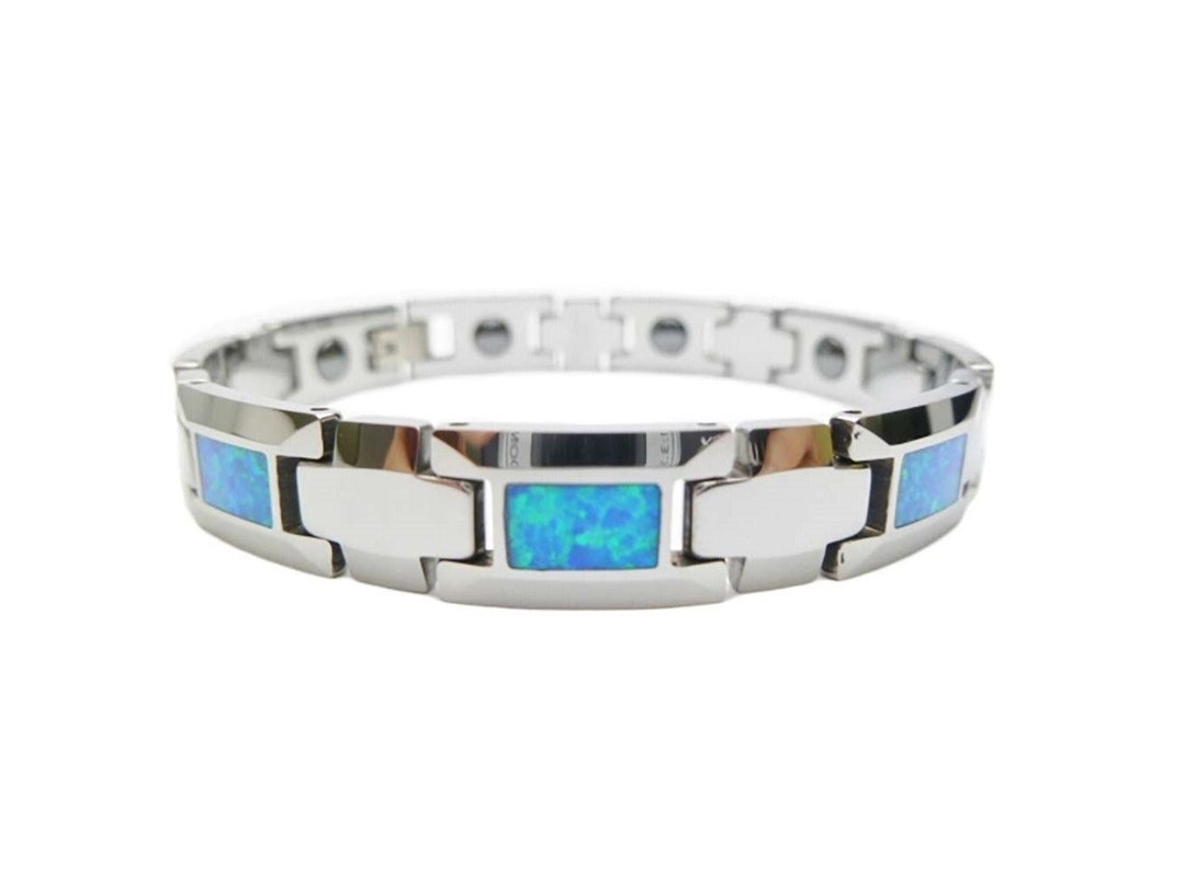 Unisex Natural Synthetic Blue Opal Inlay Tungsten Fashion