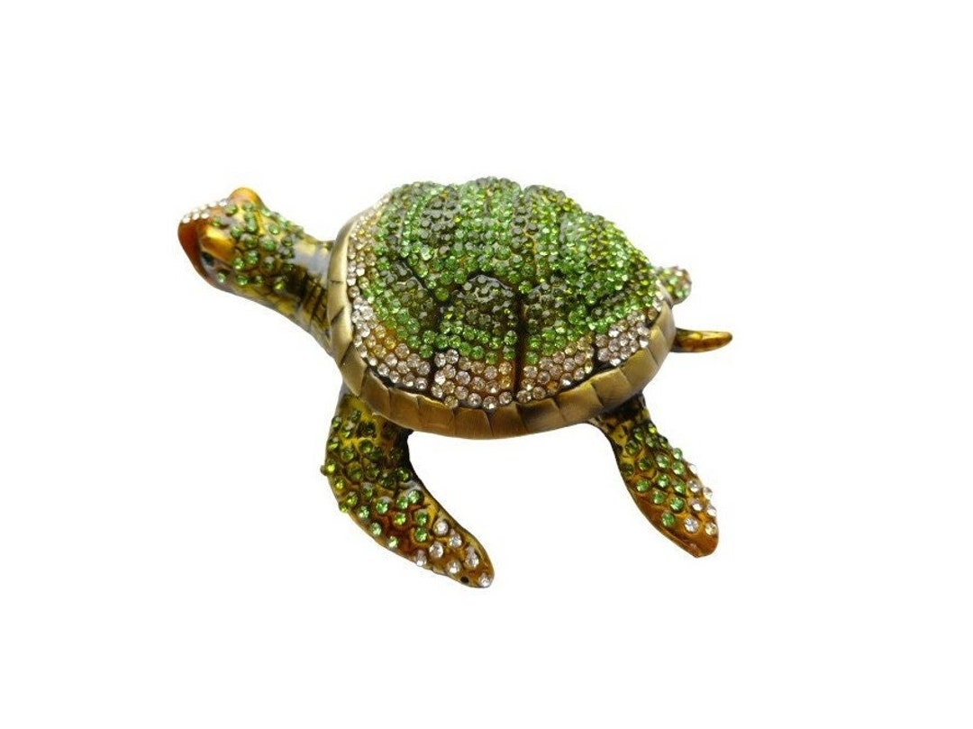 Sea Turtle Trinket Display Box in White and Green Crystal Embedded ...