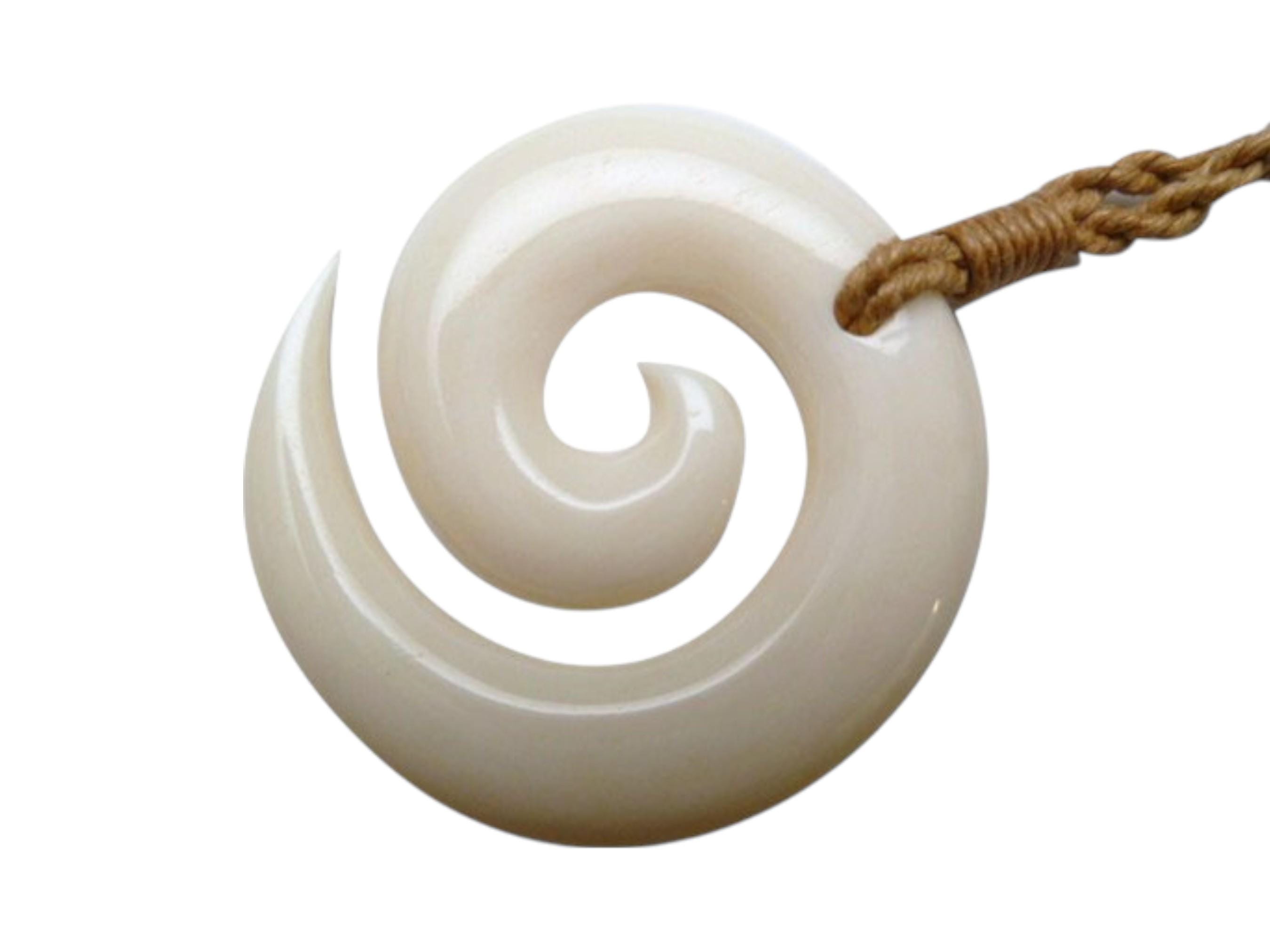 Hawaii Hand Carved Buffalo Bone Spiral Shape Koru Fern Pendant Adjustable Hemp Cord Rope Choker Necklace Design of Maori Tribe New Zealand