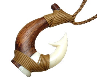 Buffalo Bone Koa Wood Fusion Hand Carved Maui Fish Hook