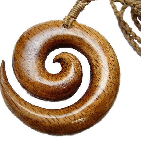 Hand Carved Koa Wood Plain Spiral Shape Koru Fern Pendant Adjustable Hemp Cord Rope Choker Necklace Maori Tribe New Zealand