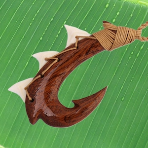 Hand Carved Koa Wood Threaded Bone-made Shark Teeth Maui Fishhook Manaiakani Knotted Adjustable Hemp Cord Hawaiian Polynesian Necklace