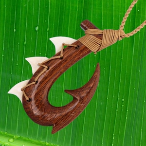 Hand Carved Koa Wood Threaded Bone-made Shark Teeth Maui Fishhook Manaiakani Knotted Adjustable Hemp Cord Hawaiian Polynesian Necklace
