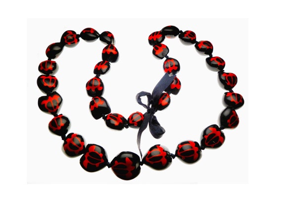 Genuine Black Hawaii Kukui Nut Hand Painted Rose Red Honu Turtle