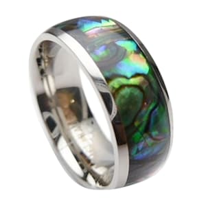 Curved Top Stainless Steel Comfort Fit Paua Abalone Shell Stainless Steel Inlay Hawaiian Ring Width: 8mm, Sizes US 5-14