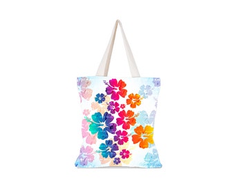 Hawaii Geschenk von Aloha Bunte Hibiskus Floral Print Baumwolle Canvas Einkaufstasche 13"X15" wiederverwendbar waschbar Easy Fold Market Einkaufstasche