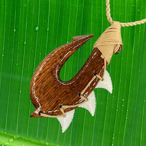 Hand Carved Koa Wood Threaded Bone-made Shark Teeth Maui Fishhook Manaiakani Knotted Adjustable Hemp Cord Hawaiian Polynesian Necklace
