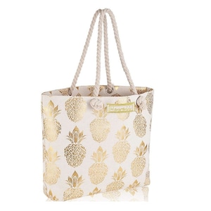 Hawaii Gold Metallic Ananas Print auf Farbe Große Polyester Strand Tragetasche Geldbörse w / Baumwollseil Griff & Reißverschluss 17x12x4"