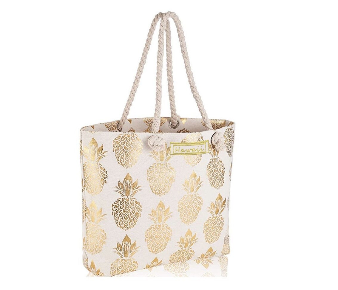 Hawaii Gold Metallic Pineapple Print on Color Large Polyester Beach Tote Bag Purse w Cotton Rope Handle Zipper 17x12x4