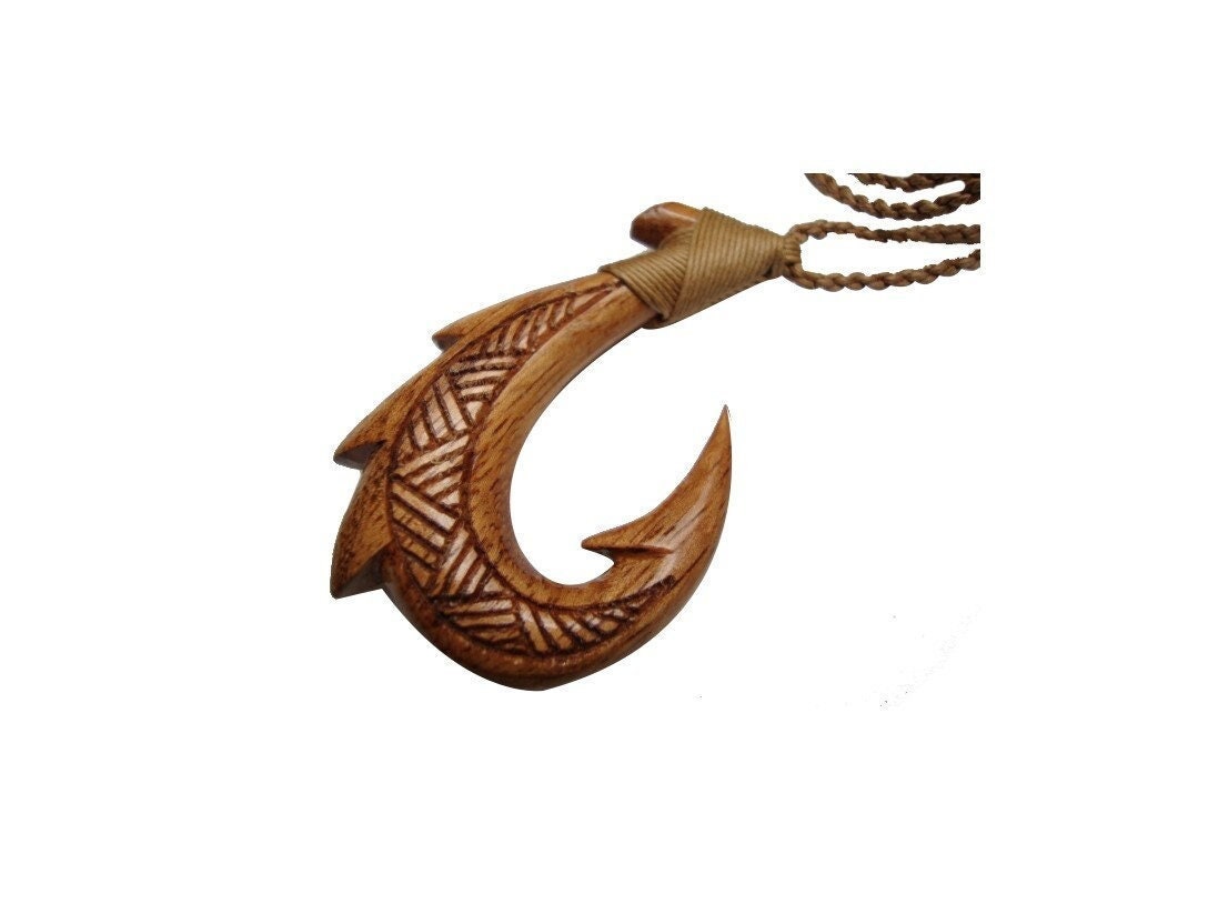 Koa Wood Hand Carved Maui Fish Hook Makau Knotted W
