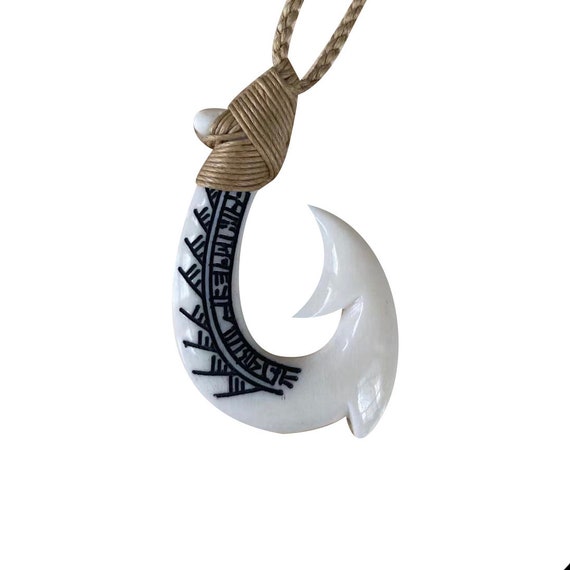 Hawaiian Fishhook Necklace Carved From Buffalo Horn Large 2" T Adjustable cord 