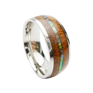 Curved Top Stainless Steel Comfort Fit Paua Abalone Shell Natural Koa Wood Inlay Hawaiian Comfortable Fit Ring Width: 8mm, Sizes US 5-14