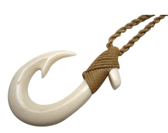 Buffalo Bone Hand Carved Maui Fish Hook Makau Knotted w/ Adjustable Hemp Cord Rope Maori New Zealand Hawaii Polynesia Style Necklace Choker