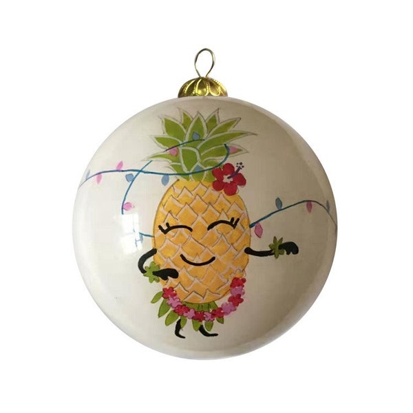 Hand Painted Festive Hawaiian Pineapple Dancing Christmas Lights Mele Kalikimaka Design Christmas Tree Decoration House Accent Ornament