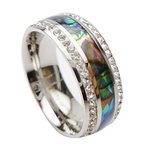 Blue Paua Abalone Shell Cubic Zirconia Crystal Inlay Flat Top Stainless Steel Comfort Fit Ring Hawaiian Style Width: 8mm, Sizes US 5-14