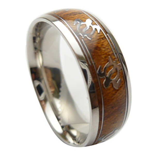 Curved Top Stainless Steel Comfort Fit Natural Hawaiian Koa Wood Honu Sea Turtle Design Inlay Comfortable Fit Ring Width: 8mm, Sizes US 6-14