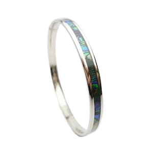 Natural Abalone Paua Shell Inlay Flat Top Stainless Steel Comfort Fit Tropical Hawaii Style Bangle Bracelet (Width: 6mm, 8mm, 10mm, 12mm)