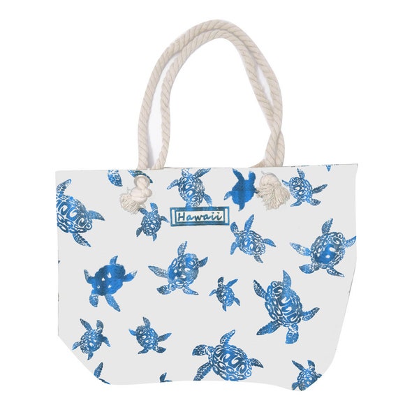 Hawaii Blue Metallic Turtle Print on Large Color Polyester Beach Tote Bag Purse w/ Cotton Rope Handle & Zipper 17x12x4"