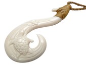 Buffalo Bone Hand Carved Maui Fish Hook Detail w Honu Sea Turtle Knotted Adjustable Hemp Rope Hawaiian Polynesian Style Necklace Choker