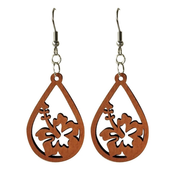 Natural Wood Carved Tropical Hawaiian Hibiscus Hollow Floral Teardrop Shape Dangle Drop Earring Stainless Steel Ear Wire Hook Closure Design