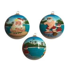 Hand Painted Santa Claus Surfing Paddleboarding Plumeria Flower North Shore Merry Christmas Mele Kalikimaka Design Christmas Tree Ornament