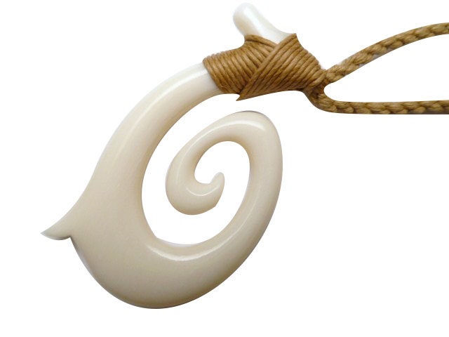 Hawaiian Fishhook Necklace Carved From Buffalo Bone 2"tall .With Adjustable cord 