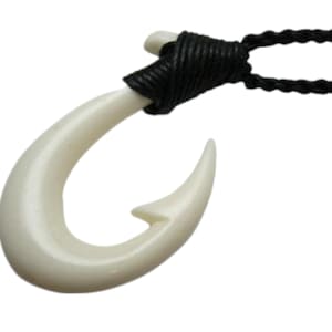 Buffalo Bone Hand Carved Maui Fish Hook Knotted w/ Adjustable Black Hemp Cord Rope Choker Necklace Maori New Zealand Hawaii Polynesia Design