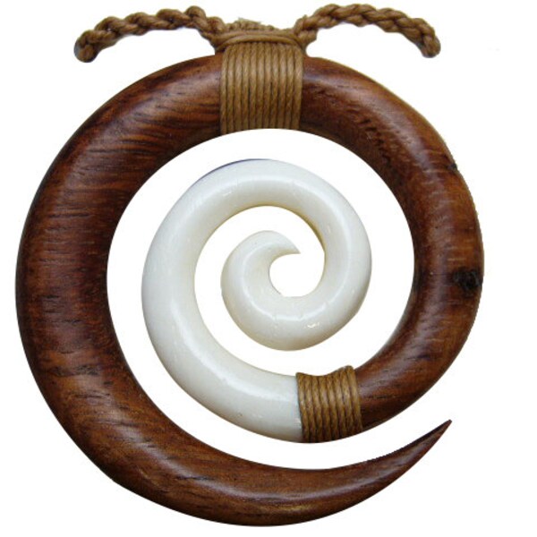 Hand Carved Koa Wood Buffalo Bone Fusion Spiral Shape Koru Fern Pendant Adjustable Hemp Cord Rope Choker Necklace Maori Tribe New Zealand