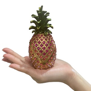 5&quot; Tall Pineapple Trinket Box Bejeweled w/ Sparkling Crystals Embedded Jewelry Holder Hand Painted Vibrant Color Decorative Home Figurine