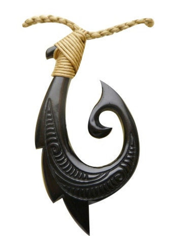 Buffalo Bone Hand Carved Maui Fish Hook Dyed Black Wave Tail Makau Adjustable Black Hemp Cord Rope Maori Hawaii Polynesian Necklace