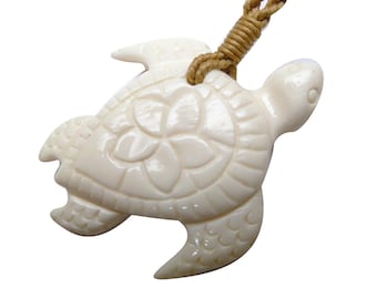 Hand Carved Natural Buffalo Bone Sea Turtle Plumeria Flower Honu Pendant Adjustable Braided Hemp Cord Maori/Hawaii Style Necklace Choker