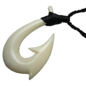 Buffalo Bone Hand Carved Maui Fish Hook Knotted w/ Adjustable Black Hemp Cord Rope Choker Necklace Maori New Zealand Hawaii Polynesia Design