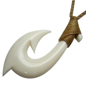 Buffalo Bone Hand Carved Maui Fish Hook Makau Knotted w/ Adjustable Hemp Cord Rope Choker Necklace Maori New Zealand Hawaii Polynesia Design