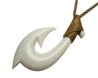 Buffalo Bone Hand Carved Maui Fish Hook Makau Knotted w/ Adjustable Hemp Cord Rope Choker Necklace Maori New Zealand Hawaii Polynesia Design
