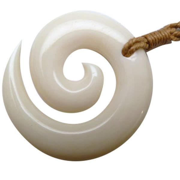 Hawaii Hand Carved Buffalo Bone Spiral Shape Koru Fern Pendant Adjustable Hemp Cord Rope Choker Necklace Design of Maori Tribe New Zealand