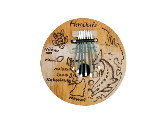 Karimba Mbira Thumb Piano Kalimba Finger Music Instrument Handmade Carved Natural Coconut Wood Pyrography Design Hawaii Island Map Dolphin Etsy