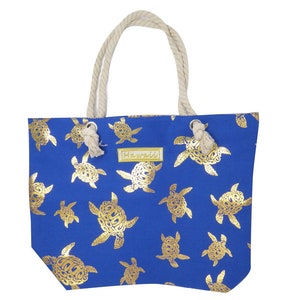 Hawaii Gold Metallic Turtle Print on Large Color Polyester Beach Tote Bag Purse w/ Cotton Rope Handle & Zipper 17x12x4&quot;