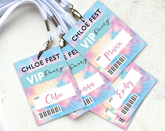 Tie Dye Party Lanyards, Festival Party Name Tags, Pastel Tie Dye Name Lanyards, Festival Birthday Name Lanyards