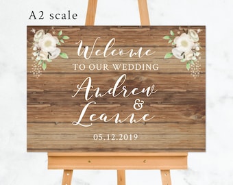 Rustic Wedding Welcome Sign with Flowers, Printed Wooden Wedding Sign