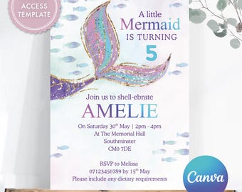 Editable Watercolour Mermaid Birthday Invitation, Digital Under the Sea Party Invite, Pink Purple Gold Glitter Tail 5x7" Canva Template