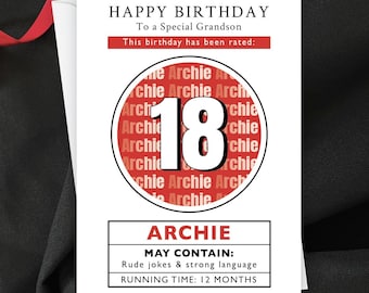Personalised Funny 18 Rated Birthday Card, Movie Rating Film Fans Theme, Warning Mature Content