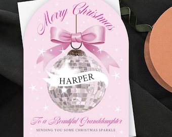 Personalised Disco Ball Christmas Card, Custom Glitter Ball Daughter Xmas Keepsake, Granddaughter Christmas Sparkle Gift