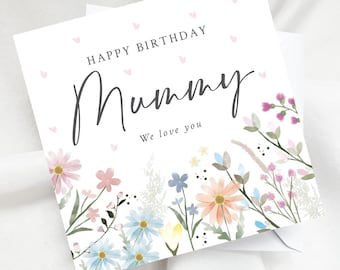 We Love You Mummy Birthday Card, Pretty Pink Hearts Watercolour Floral Greeting, Special Mother Cute Gift Keepsake