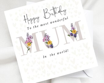Happy Birthday Mum Card, Dried Flowers and Hearts Wonderful Mum in the World Keepsake