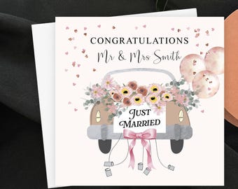 Personalised Wedding Card, Classic Car With Just Married Number Plate, Pinks, Creams, Rose Gold, Custom Couple Names & Congratulations